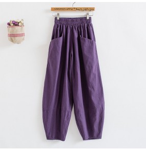 Purple violet green black linen material ankle length women's ladies female performance casual jazz hip hop punk rock one size loose bloomers  harem pants trousers with pocket
